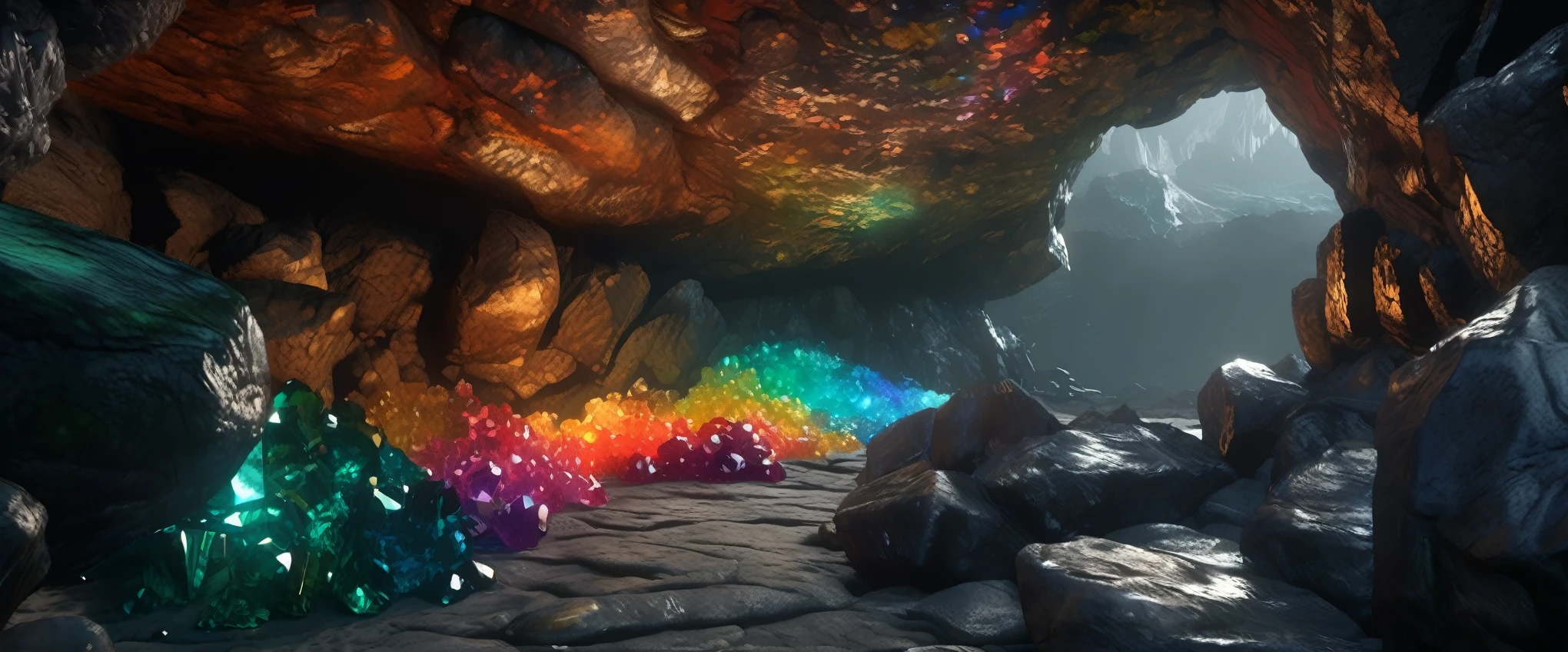 Masterpiece Portrait, Extreme details, Very detailed, 8K octane, HDR, Super detailed, best quality, best quality, Realistic lighting, Ultra Detailed,RPG scene,Underground Cave,Black and gray rock wall,Stone Wall,Game scene,Uneven rocky terrain,((Colorful crystal clusters:1.3)),[Glass material｜Low light transmittance]crystal