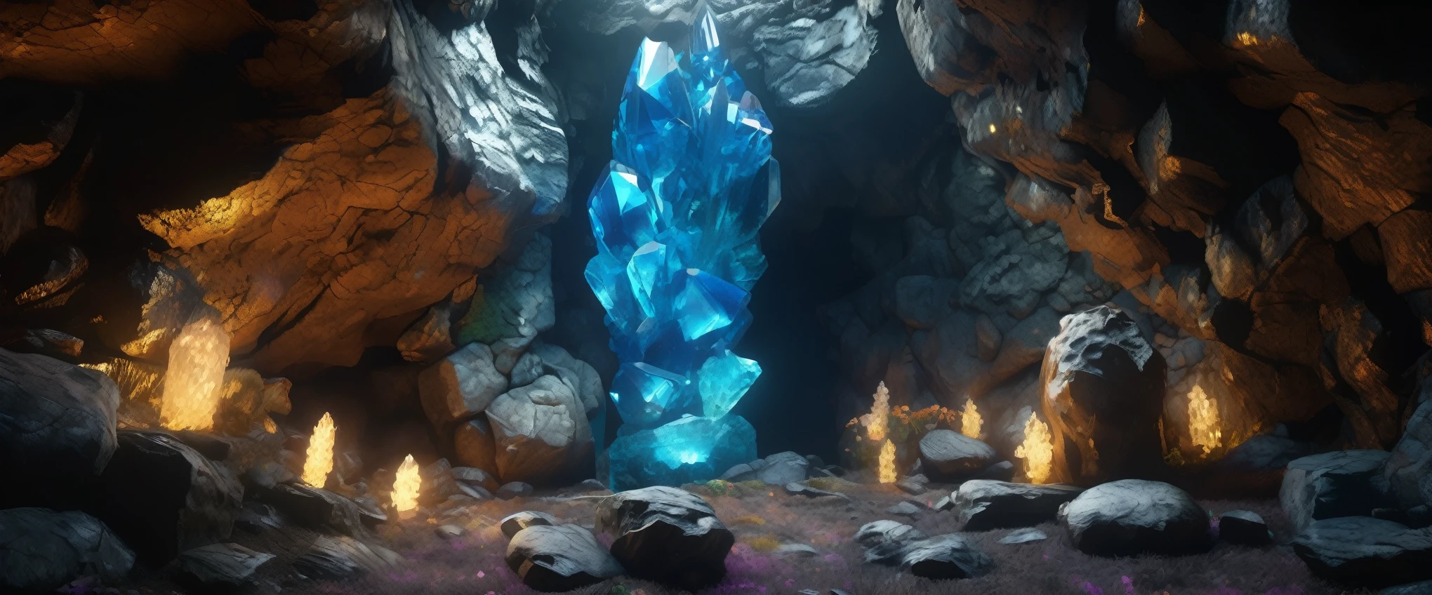 Masterpiece Portrait, Extreme details, Very detailed, 8K octane, HDR, Super detailed, best quality, best quality, Realistic lighting, Ultra Detailed,RPG scene,Underground Cave,Black and gray rock wall,Stone Wall,Game scene,Uneven rocky terrain,((Colorful crystal clusters:1.3)),[Glass material｜Low light transmittance]crystal