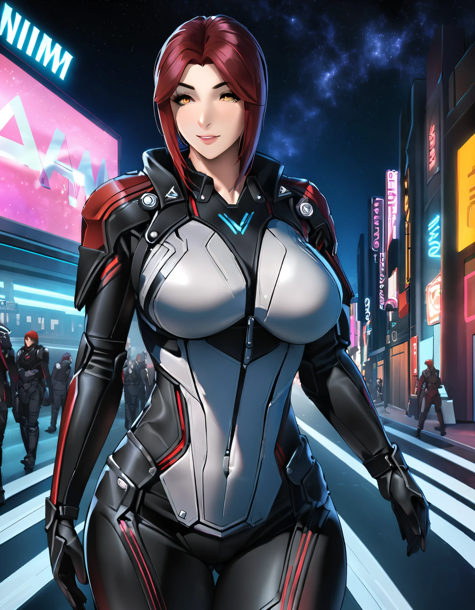  (Perfect Quality), (neon lights), a closeup of a, ((1 woman), Female Commander Shepard from Mass Effect, Redhead, athletic, beatiful face), ( walks through the city), (Hands Behind Your Back), (Battle armor), ( Nebula in the background), wide shot, atmospheric perspective, perspective, highres, HD, 4K, best quality, award winning, high quality, super detail, accurate, masterpiece, UHD