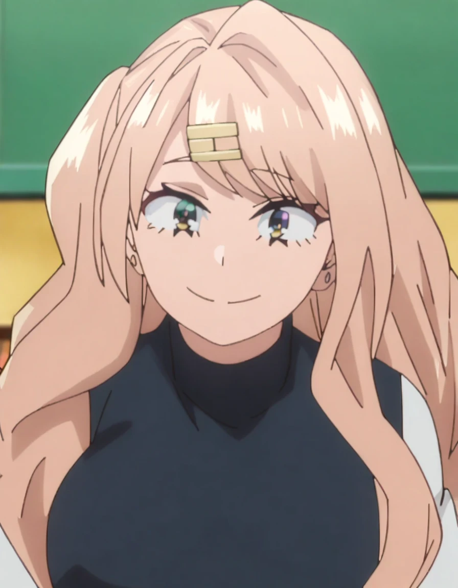 1girl, female focus, my hero academia screencap, boku no hero academia, pink hair, gold eyes, smiling, super long hair, cute, wearing beige turtle neck , in a classroom, cute gold earrings, bangs, big boobs
