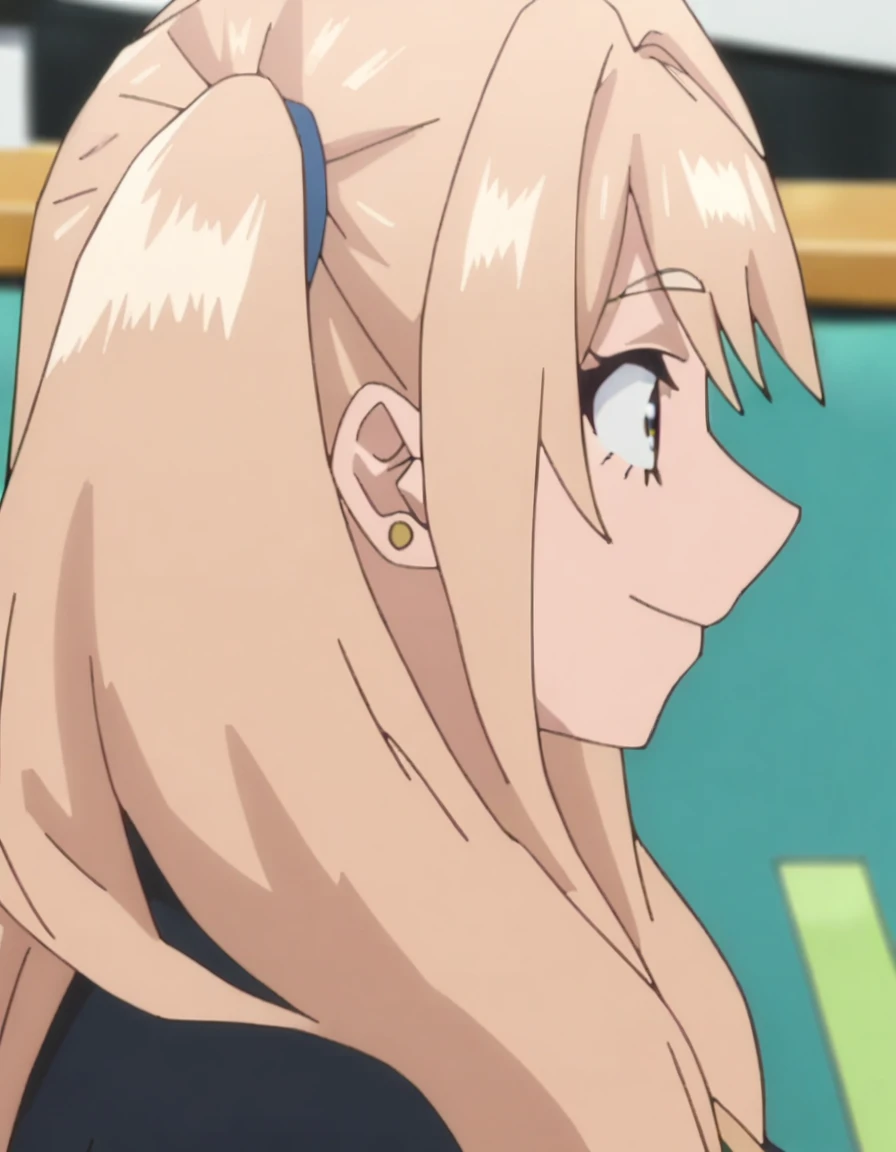 1girl, female focus, my hero academia screencap, boku no hero academia, pink hair, gold eyes, smiling, super long hair, cute, wearing beige turtle neck , in a classroom, cute gold earrings, bangs, big boobs