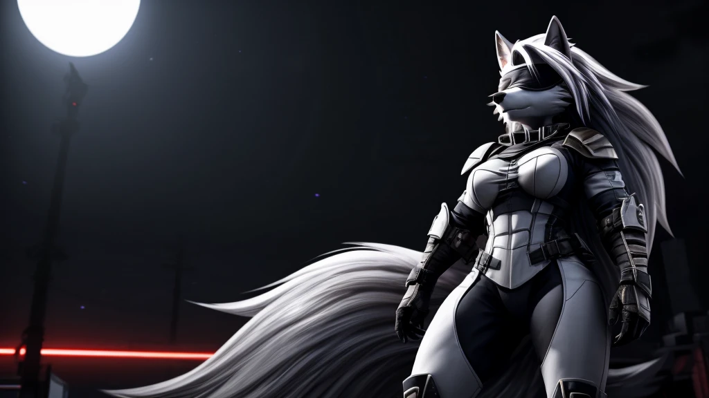 Loona from Helluva Boss, female white wolf, short white hair, blindfold, white combat military armor suit, combat mask, mature adult, muscular, standing, dark lighting, extremely detailed, solo, beautiful, high quality, 4K