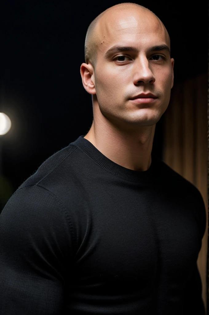 ((best quality)), ((masterpiece)), (detailed), realistic face real bald muscular male upper body wear dark black pullover  at night camp