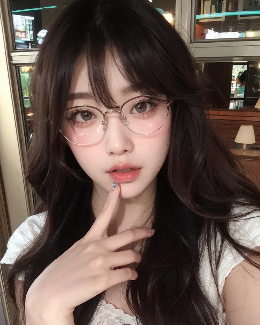 a close up of a woman with glasses and a finger on her lips, ulzzang, with glasses, clear cute face, korean girl, clear lips and high quality, spectacled, wearing thin large round glasses, beautiful south korean woman, thick round spectacles, young adorable korean face, popular south korean makeup, wearing small round glasses, gorgeous young korean woman