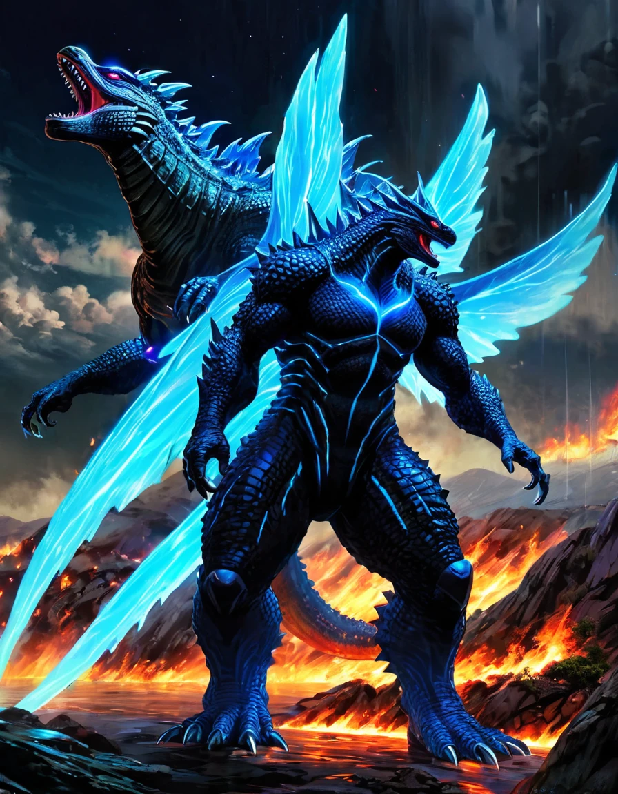 (best quality:2, ultra detailed:2, beautiful:2 8K:2),BREAK,(High resolution), (Visual beauty), (textile shading), (landscape:1.8), (realistic photo:1.2), (No-human:2), (gigantic-powerful-2Wings-God-Kaiju-Godzilla's Back:2), (themed Breath of Linear long range nuclear-energy-burning-flame-beam, Long-range nuclear-energy-burning-flame-beam direct hit, Breath of Nuclear-energy-burning-flames-Linear-Beam:1.5 hitting:1.5 the Background-Mountains:1.8 causing a nuclear-explosion:1.8, beautiful-dark-fantasy atmosphere:1.2), (((Overlap:1.2, Line of sight:1.2))), (ideal ratio body proportion),BREAK,(No-human:2),((1 God-Godzilla, Kaiju, solo, with gigantic-powerful-2Wings:1.4 and Divine and fierce blue-neon-burning-dorsa-many-fins:1.4 and Powerful-long-tail:1.6, Many-large-violent-dorsal-fins:1.4 covered in neon-blue-burning-flames of nuclear energy:1.4)), (firing:2 from his mouth:1.4 a Breath of neon-blue-burning-flame-Linear-beam:1.5 with an ultra-long-reach, highly destructive Breath of super-linear-neon-blue-nuclear-energy:1.2),BREAK,(No-human:2), ((((Incinerate the fantasy deep forest with ultra-detailed ultra-linear:1.2 Breath of ultra-long-range:1.2 blue-neon-nuclear-burning-flame beam while hitting the background-mountain-range:1.4 and generating a neon-blue-nuclear-explosion:1.4 and intense shock waves)))), (((Breath of Blue neon burning flames burning beam earth and vibrating atmosphere))),BREAK,(extreme long shot:2, gigantic scale:1.2, from behind:2), (rule of odds, diagonal composition:2) art inspired by Bill Sienkiewicz.