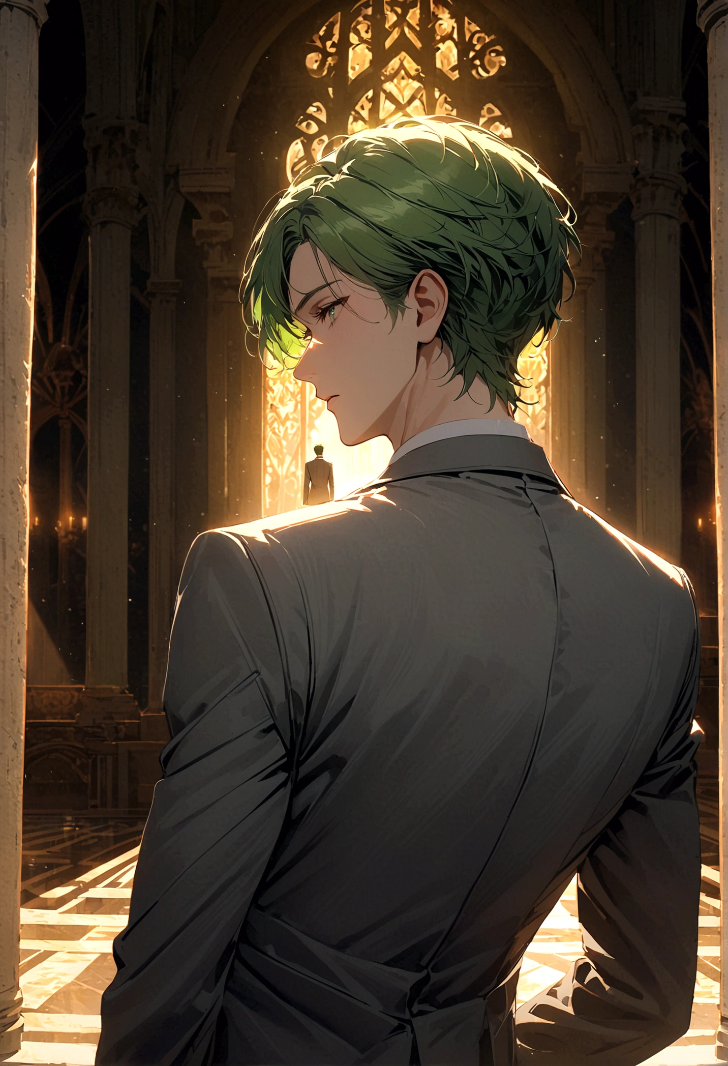 A young man with Green hair, green eyes, a black suit stood with his back turned half-face smoking a cigarette in his room at night.