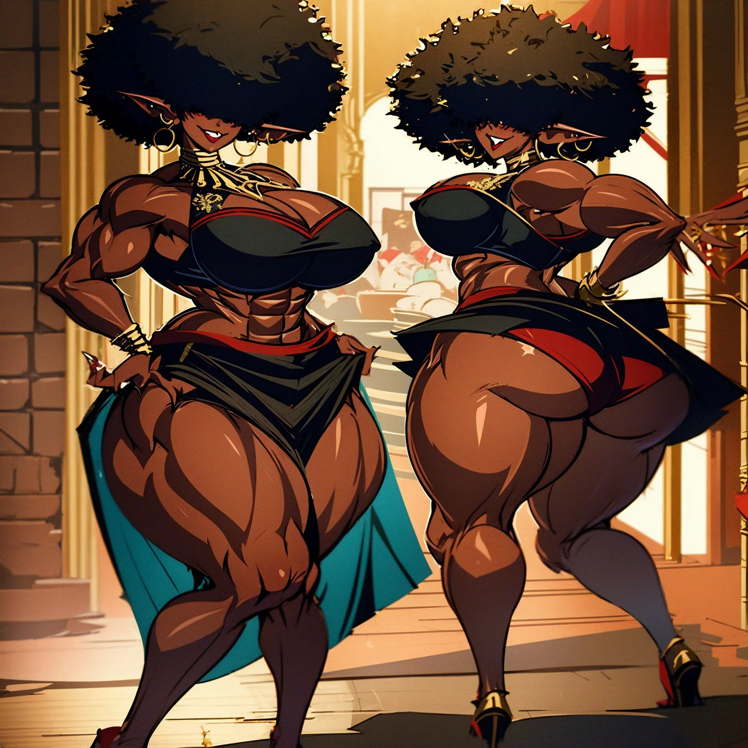 (masterpiece, best quality:1.2),1 girl, voluptuous body, full body, masterpiece, dominant pose, good anatomy, no extra limbs, big ass, thick thighs, black hair, voluminous afro, pointy ears, gold earrings, black top with red details, black skirt with red details, gold necklaces, no eyes, hair covering eyes