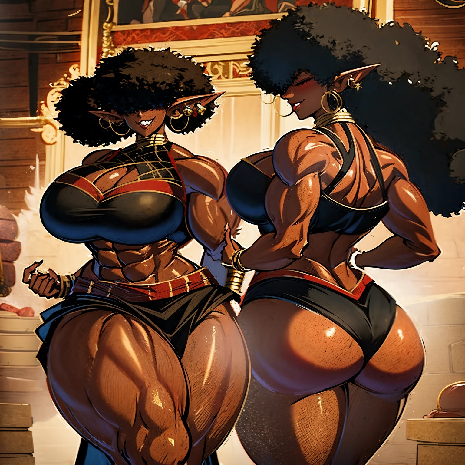 (masterpiece, best quality:1.2),1 girl, voluptuous body, full body, masterpiece, dominant pose, good anatomy, no extra limbs, big ass, thick thighs, black hair, voluminous afro, pointy ears, gold earrings, black top with red details, black skirt with red details, gold necklaces, no eyes, hair covering eyes