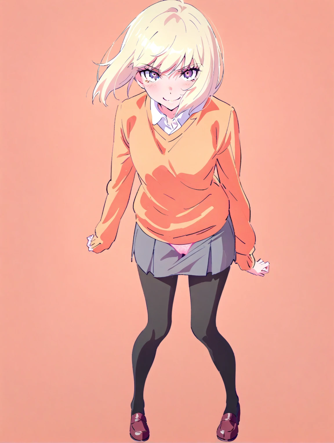 {{{sincos (sincos), no human, full body}}}, girl, beautiful face, smiling, curly blonde hair, showing her peaking panties, skirt, sweater, looking at viewer.