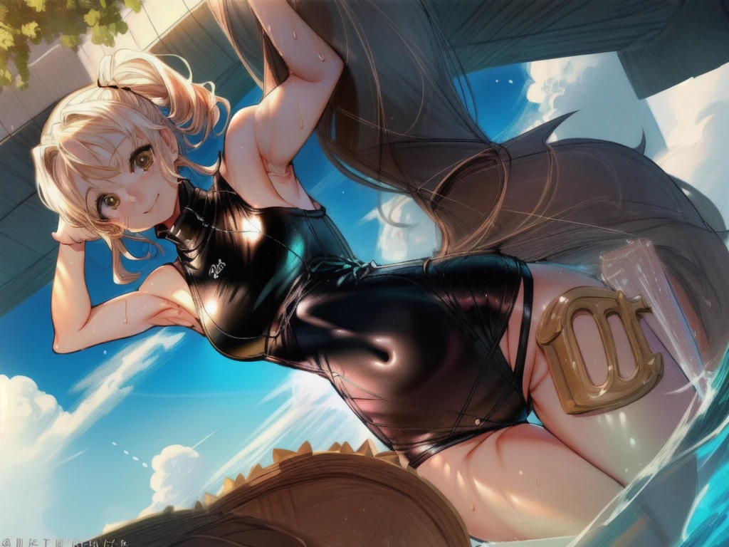 Best image quality, 8k, high quality, ((masterpiece)), (High detail), (((Perfect Anatomy, Perfect Style))), Depth of written boundary, Open Stance, (high school girl、 ), (Cute illustrations:1.2), (Shortcuts、 Multiple girls with different hair styles:1.2), (Three Girls Only the in the center is facing the camera and looking directly at it.), (in the morning, Beautiful light, Professional Lighting), (One piece turtleneck tight swimsuit), Dynamic pose, smile, Dynamic Angle, ((Armpits:1.2)), barefoot, Photographed looking up from the ground Angle including the crotch、 My whole body is wet、cloud, blue sky, Outdoor、 School swimming pool、 Playing ball in a circle