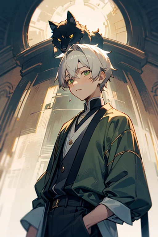 13 year old boy with white hair and yellowish green eyes, dressed in English Weston casa violet wolf ( Kurotshitsuji)