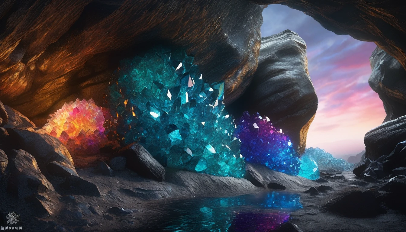Masterpiece Portrait, Extreme details, Very detailed, 8K octane, HDR, Super detailed, best quality, best quality, Realistic lighting, Ultra Detailed,RPG scene,Underground Cave,Black and gray rock wall,Stone Wall,Game scene,Uneven rocky terrain,((Colorful crystal clusters:1.3)),[Glass material｜Low light transmittance]crystal,不平均分布的crystal
