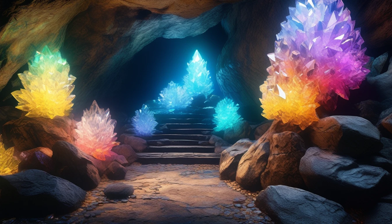 Masterpiece Portrait, Extreme details, Very detailed, 8K octane, HDR, Super detailed, best quality, best quality, Realistic lighting, Ultra Detailed,RPG scene,Underground Cave,Black and gray rock wall,Stone Wall,Game scene,Uneven rocky terrain,((Colorful crystal clusters:1.3)),[Glass material｜Low light transmittance]crystal,不平均分布的crystal