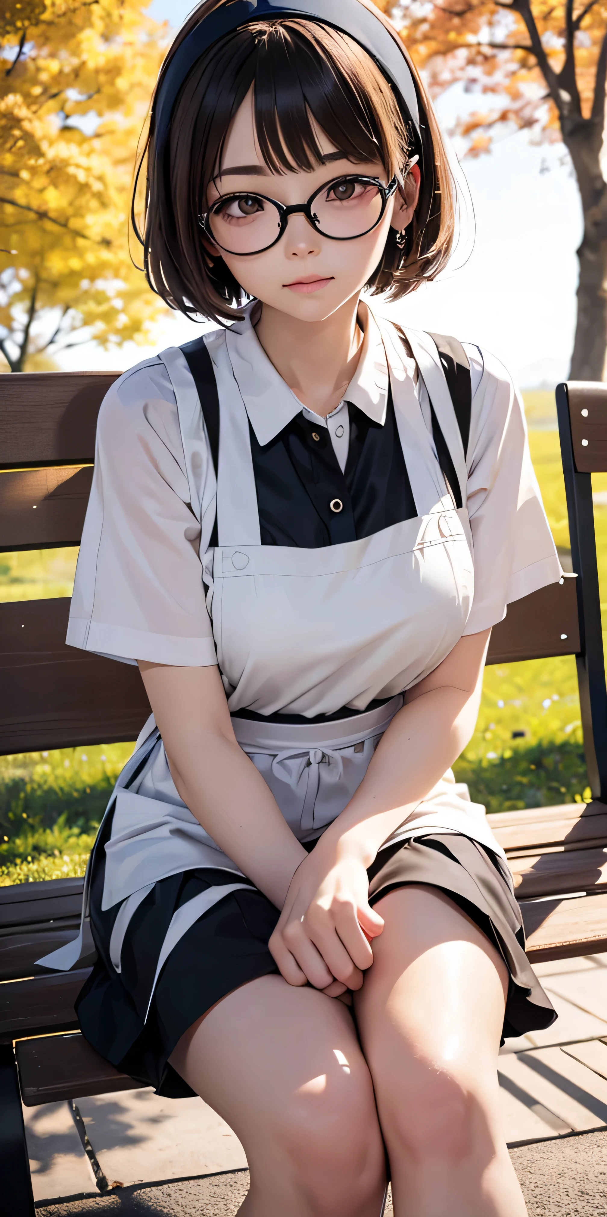 (Tabletop, Highest quality, Capture the cutest moment, Depth of written boundary, Ultra-detailed, Ultra-high resolution, c4d, Octadale, 3D Modeling, 8k, 16K, One Girl,, ,Black-haired,short hair,Straight Hair,Light brown eyes,White headband,Wearing black glasses,Cute face),  apron,sitting on a park bench、Crossing your legs、Row of autumn leaves