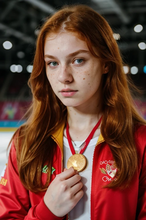 Russian girl, ginger hair, long hair, yellow eyes, holding flowers, fair skin, freckles, angry expression, teenage girl, figure skater, female figure skater, wearing a bright red jacket, wearing a gold olympic medal around her neck, ice rink background