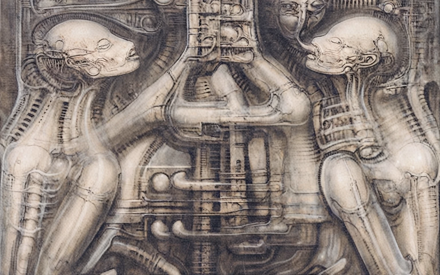 Create biomechanical tableau with some of the artistic techniques and compositional features used in /&quot;Necron IV/” by h r (Hans Rudie) giger:
 The image depicts a complex, sprawling city made of dark ivory, metal and wires. The city is densely packed with loops and twists, resembling a massive, intricate machine.
The painting is composed around a central focus of bone-like celestial formations and tectonic weathering structures with a phallic spine. This central form is the most detailed and brightly lit part of the painting, and it draws the viewer's eye in.The central focus is emphasized by the use of light and shadow. The light source is coming from the top left of the painting, and it casts a bright spotlight on the scene.
Biomorphic forms: The biomechanical forms in the painting are inspired by biological organisms, but they are also machine-like. These forms create a sense of unease and discomfort, as they blur the line between the natural and the artificial
. The image is highly detailed and intricate, uses, with transparent organs and bones exposed). The piece has a thick mechano-organic texture and is covered in fine details. The image has a swirling, organic quality to it. The artistic manner would be unmistakably Gigeresque. A dark and unsettling beauty would permeate the piece, blurring the lines between fascination and repulsion , forever haunted by the grotesque allure. Giger's signature artistic manner would be evident in every stroke. The airbrush would be wielded with masterful precision to create a hyperrealistic yet nightmarish aesthetic.,hrgiger,H.G. Giger Style, Biomechanics,HRGigerArhP style