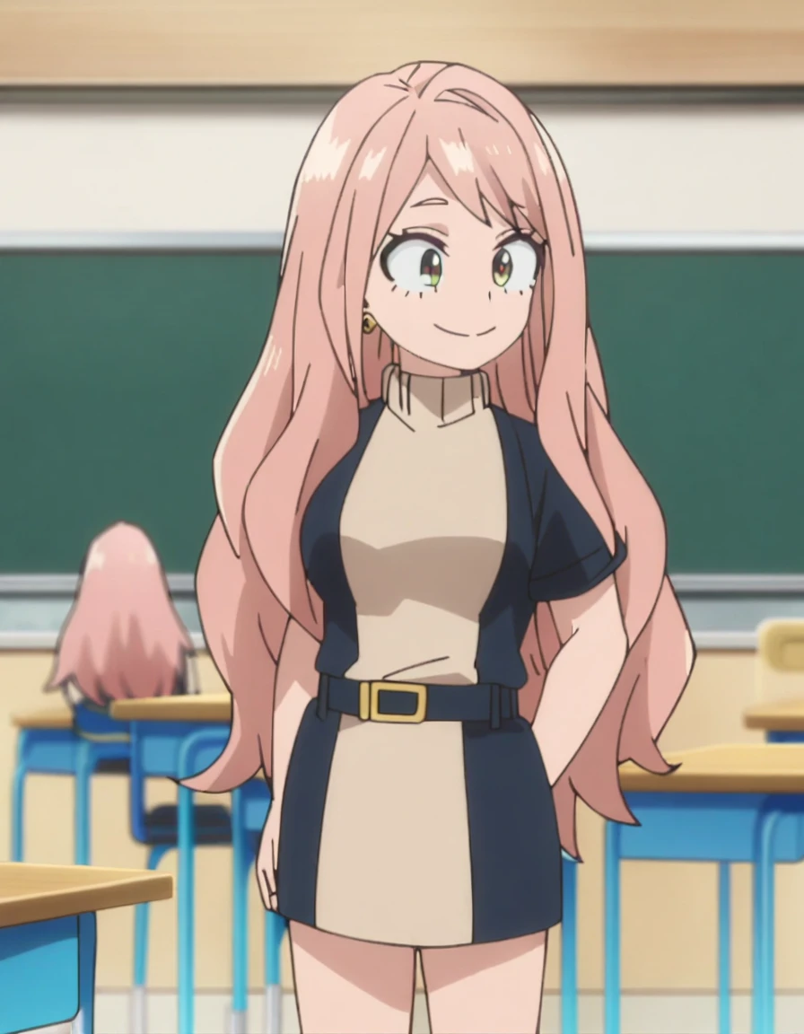 1girl, female focus, my hero academia screencap, boku no hero academia, pink hair, gold eyes, smiling, super long hair, cute, wearing beige turtle neck , in a classroom, cute gold earrings, bangs, big , full body
