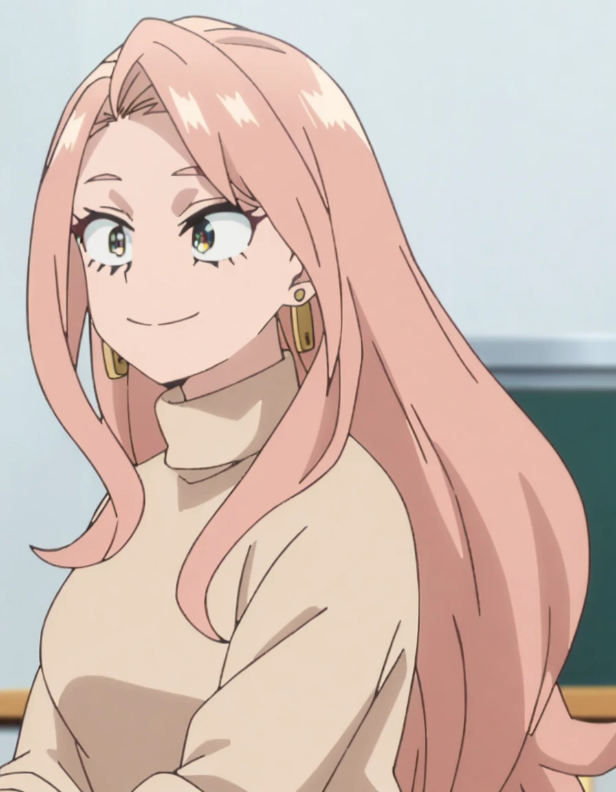 1girl, female focus, my hero academia screencap, boku no hero academia, pink hair, gold eyes, smiling, super long hair, cute, wearing beige turtle neck , in a classroom, cute gold earrings, bangs, big , full body
