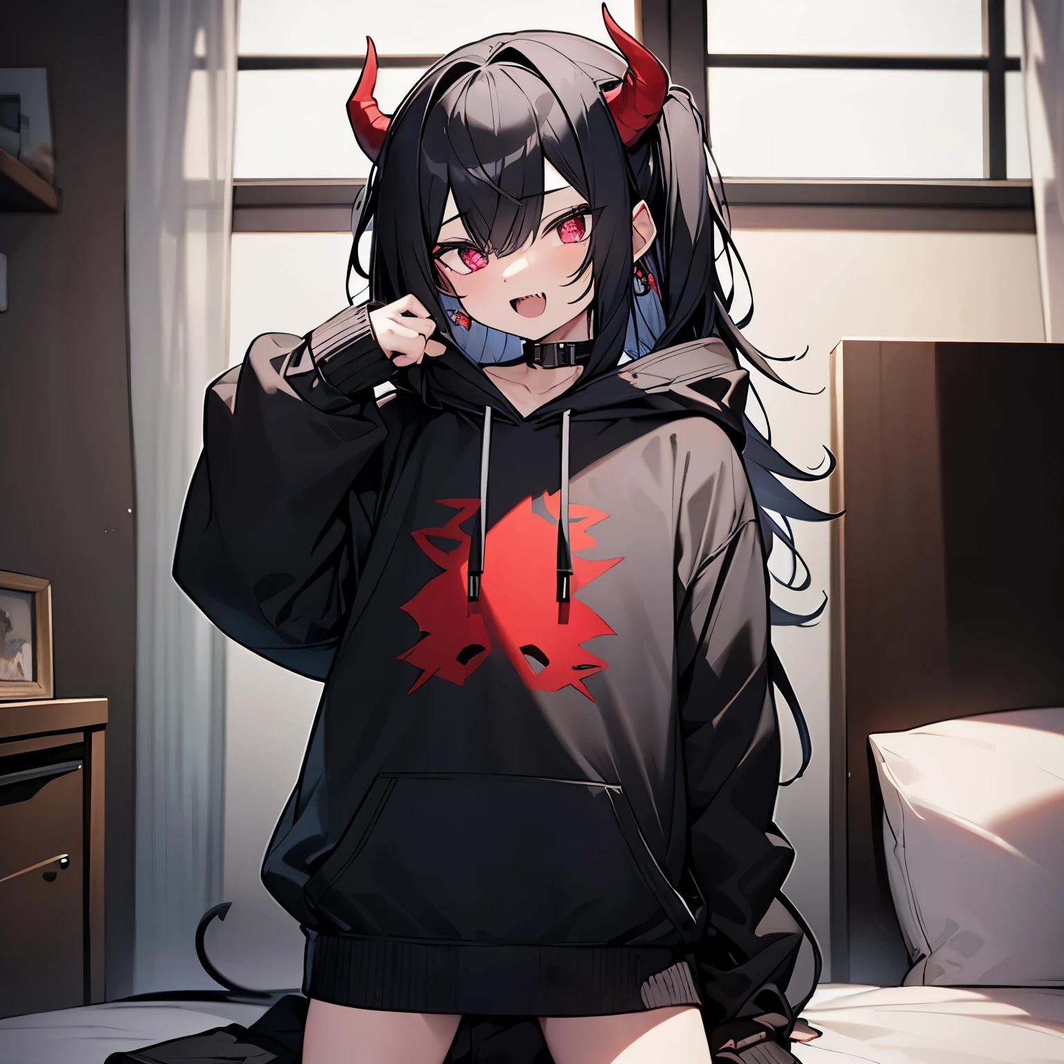 A demon boy that have 14 years old with 1 red Horn, red demon eyes, he have mid length black hair without twin tails and have small demon teeth, he simply wear a black hoodie, he stand up in his bedroom.