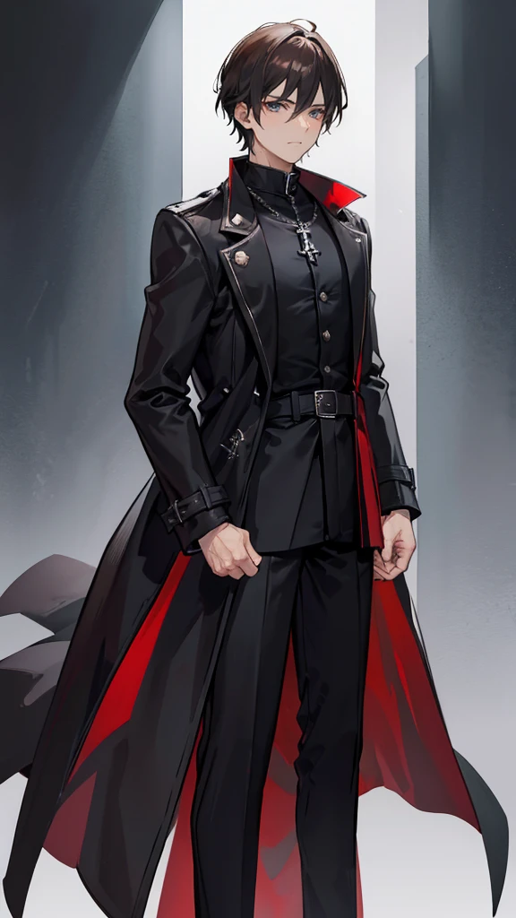 male priest in a black trench coat with dark brown medium length hair, handsome, and cloth wrapped fists, in his late 20s