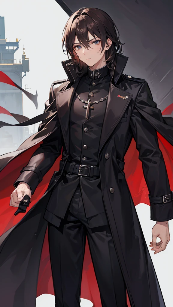 male priest in a black trench coat with dark brown medium length hair, handsome, and cloth wrapped fists, in his late 20s