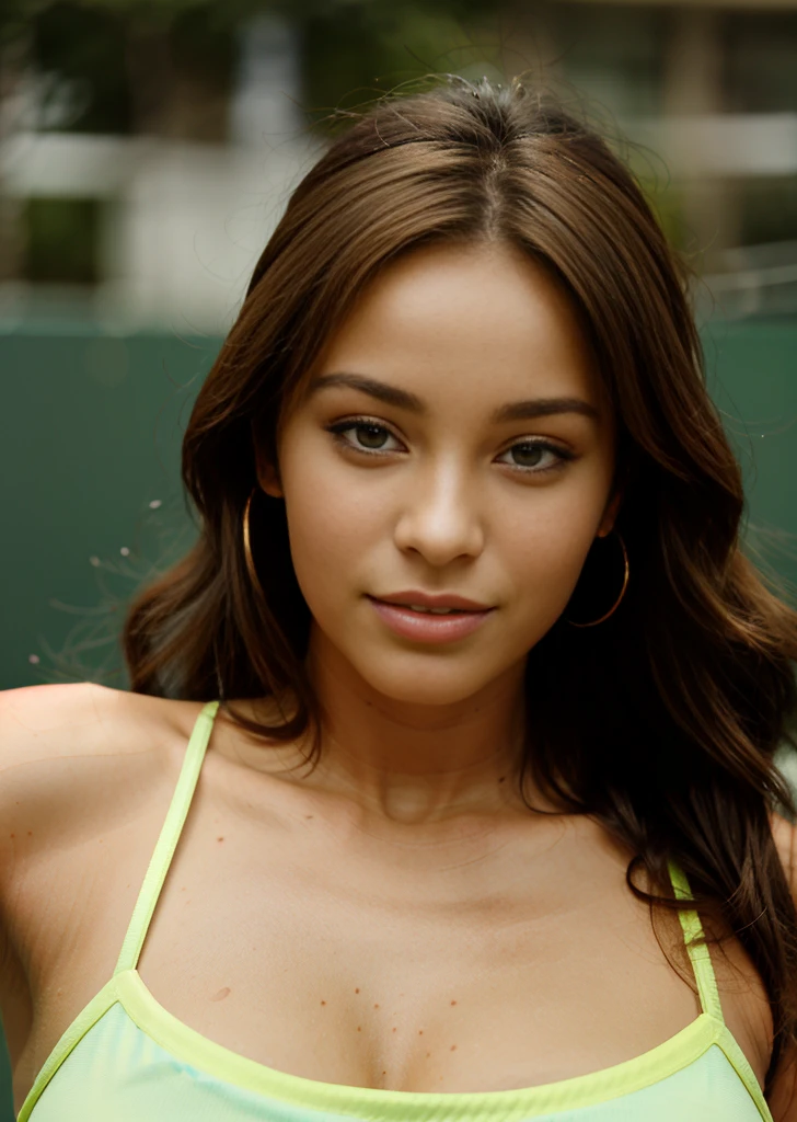 une femme colombienne 24ans, avec les yeux vert, en tenu de sport sexy, cheveux maron, Hair Loosen, de face