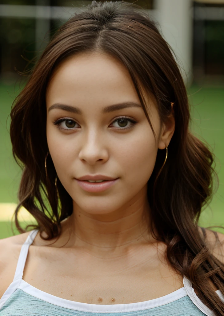 une femme colombienne 24ans, avec les yeux vert, en tenu de sport sexy, cheveux maron, Hair Loosen, de face