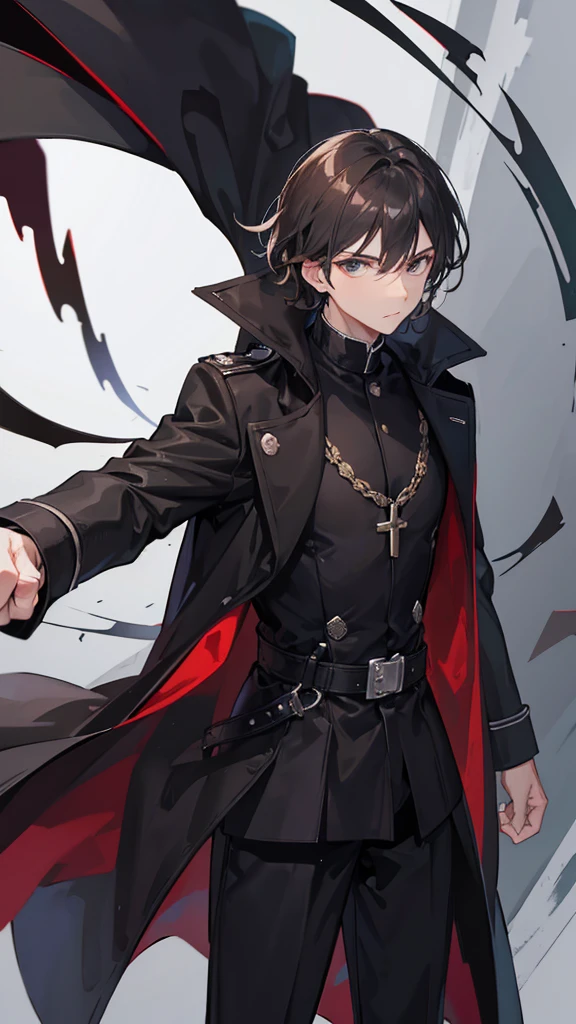 Black straight hair He is wearing a long black coat over a black shirt Wearing a black pleated skirt Between the skirt and shirt is a black belt with gold hardware. Red eyes In his right hand he holds a scythe with a metallic red blade