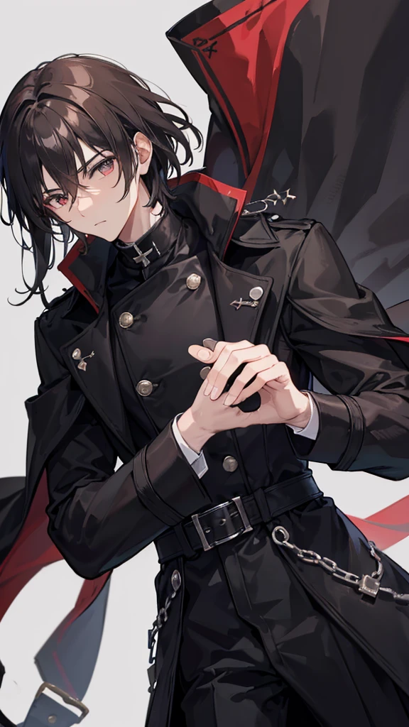 male priest in a black trench coat with dark brown medium length hair, handsome, cloth wrapped fists, in his 20s, older looking