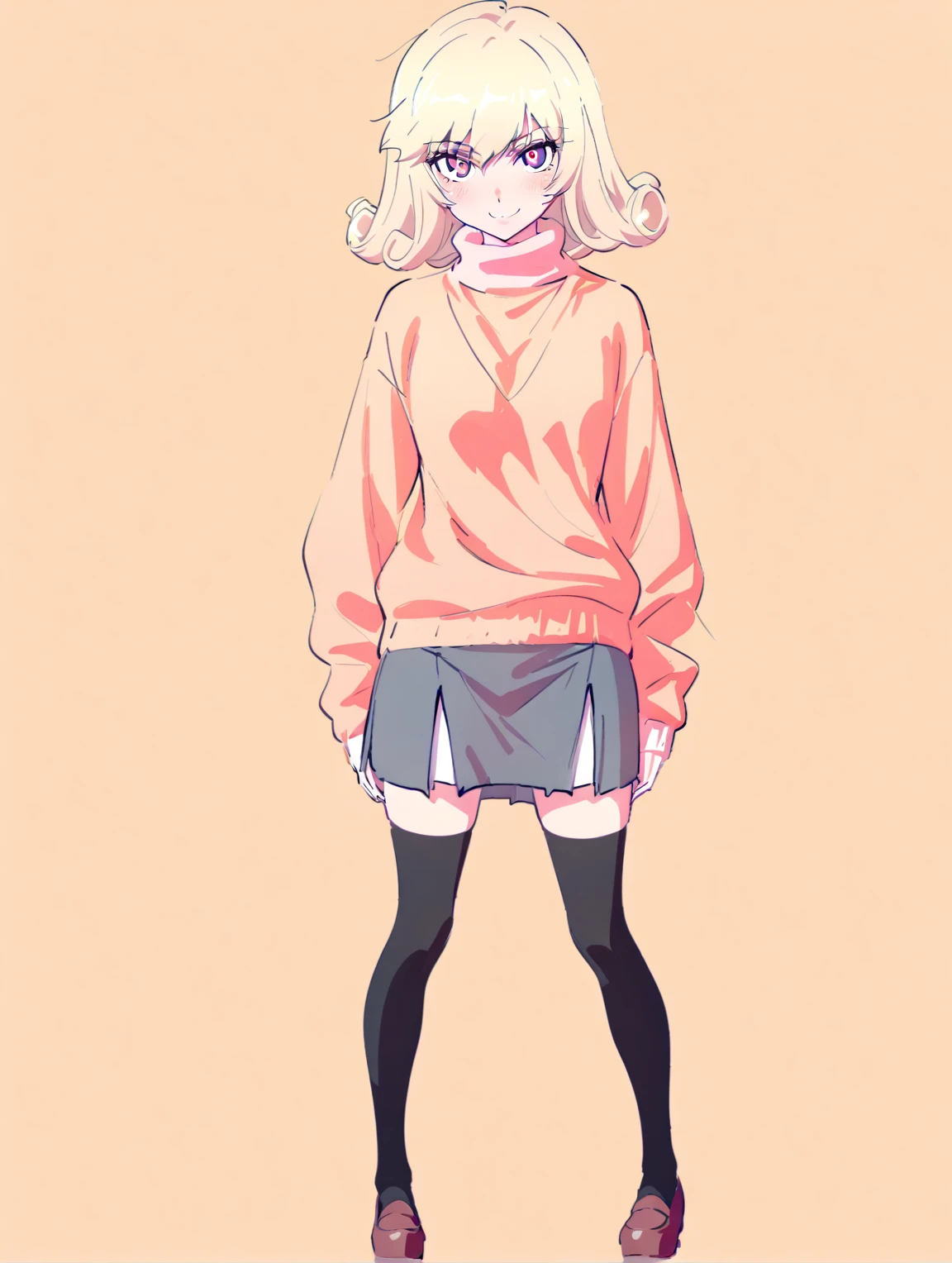{{{sincos (sincos), no human, full body}}}, 1 girl, beautiful face, smiling, curly blonde hair, showing her peaking panties through skirt, skirt, sweater, looking at viewer.