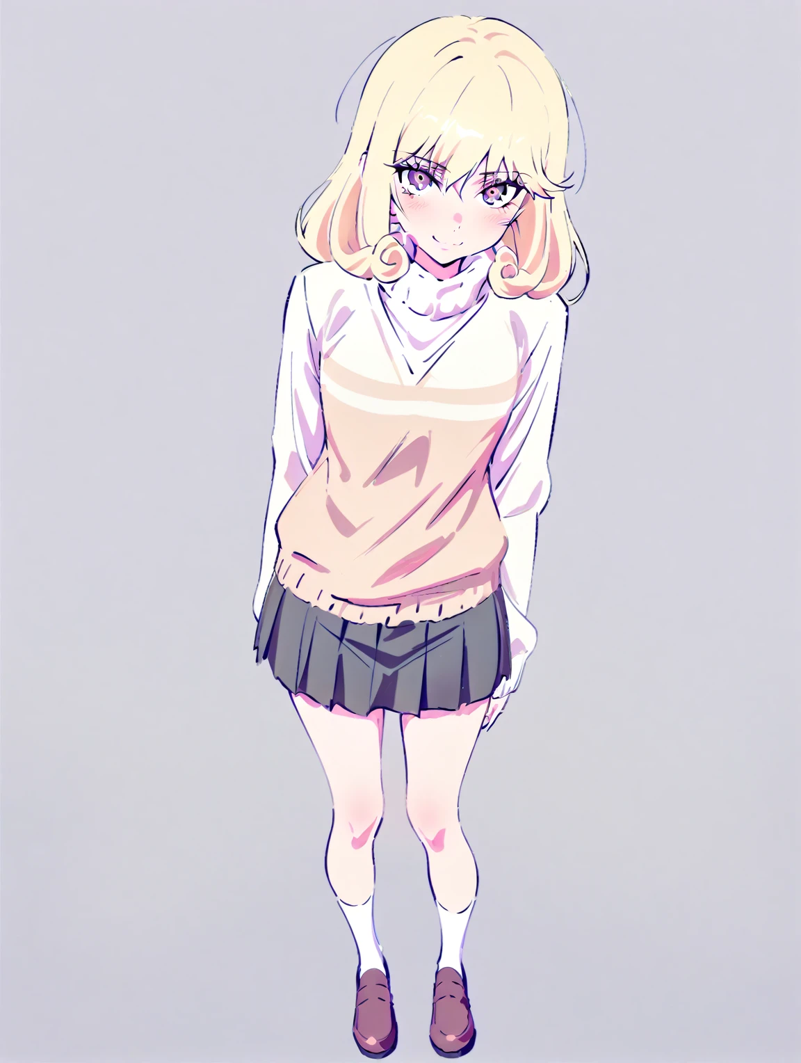 {{{sincos (sincos), no human, full body}}}, girl, beautiful face, smiling, curly blonde hair, showing her peaking panties, skirt, sweater, looking at viewer.