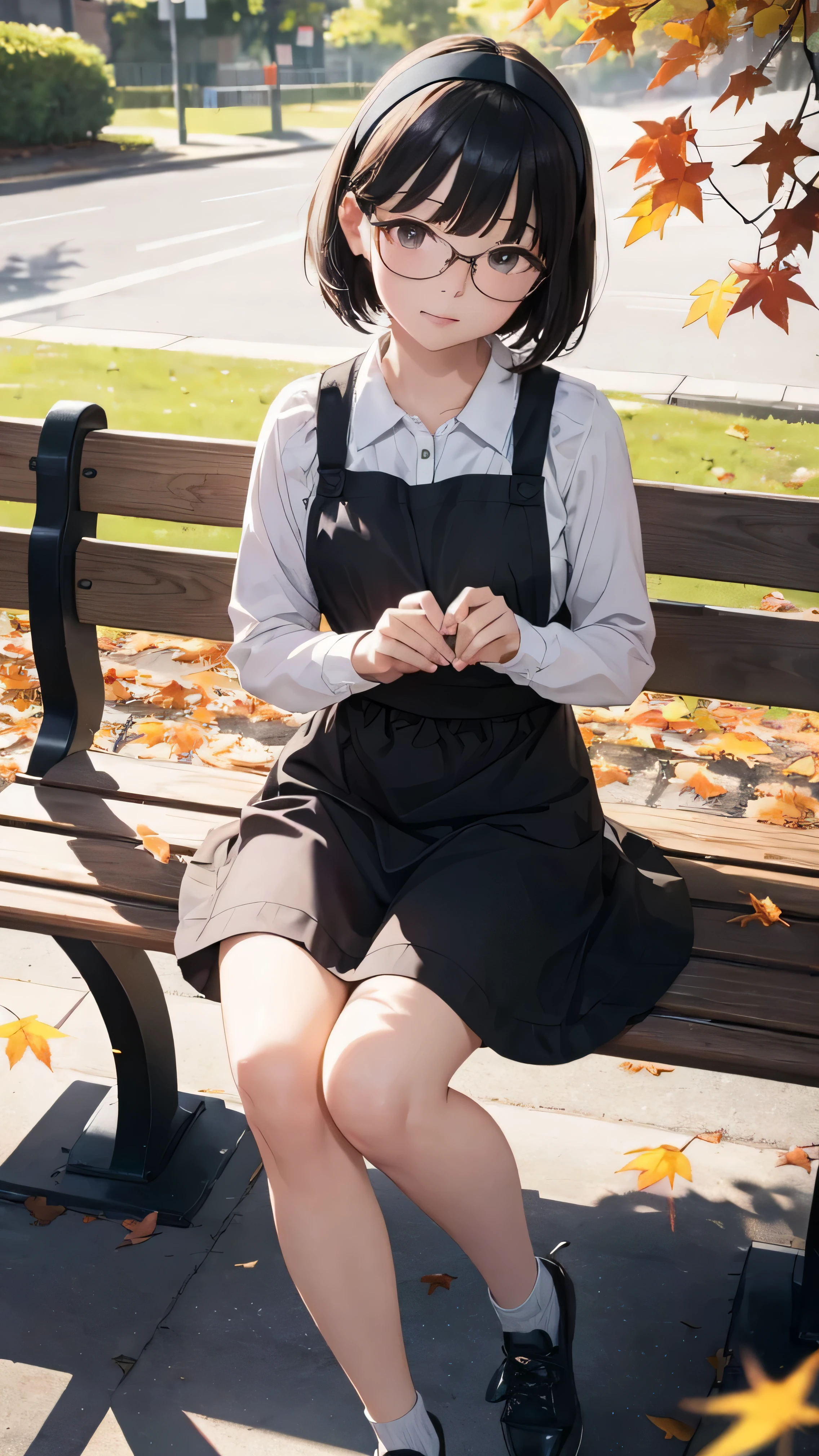 (Tabletop, Highest quality, Capture the cutest moment, Depth of written boundary, Ultra-detailed, Ultra-high resolution, c4d, Octadale, 3D Modeling, 8k, 16K, One Girl,, ,Black-haired,short hair,Straight Hair,Light brown eyes,White headband,Wearing black glasses,Cute face),  apron,sitting on a park bench、Crossing your legs、Row of autumn leaves