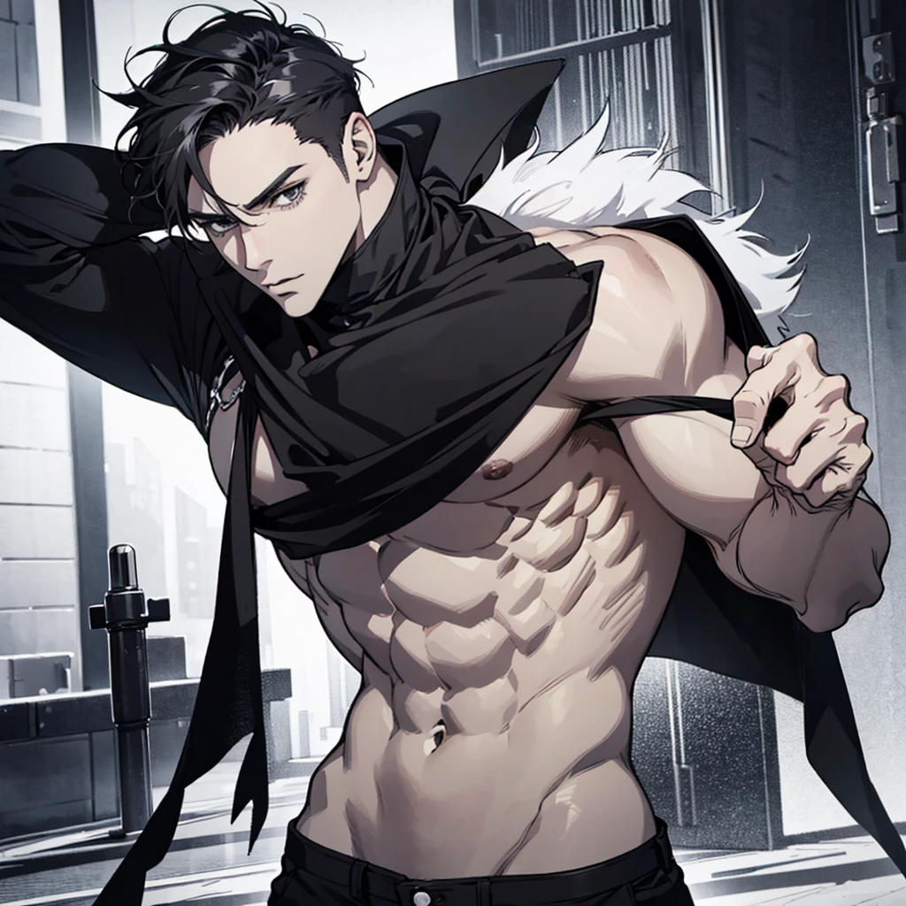 Dibujo hombre anime, blanco y negro, posando sin ropa, big, firm muscles