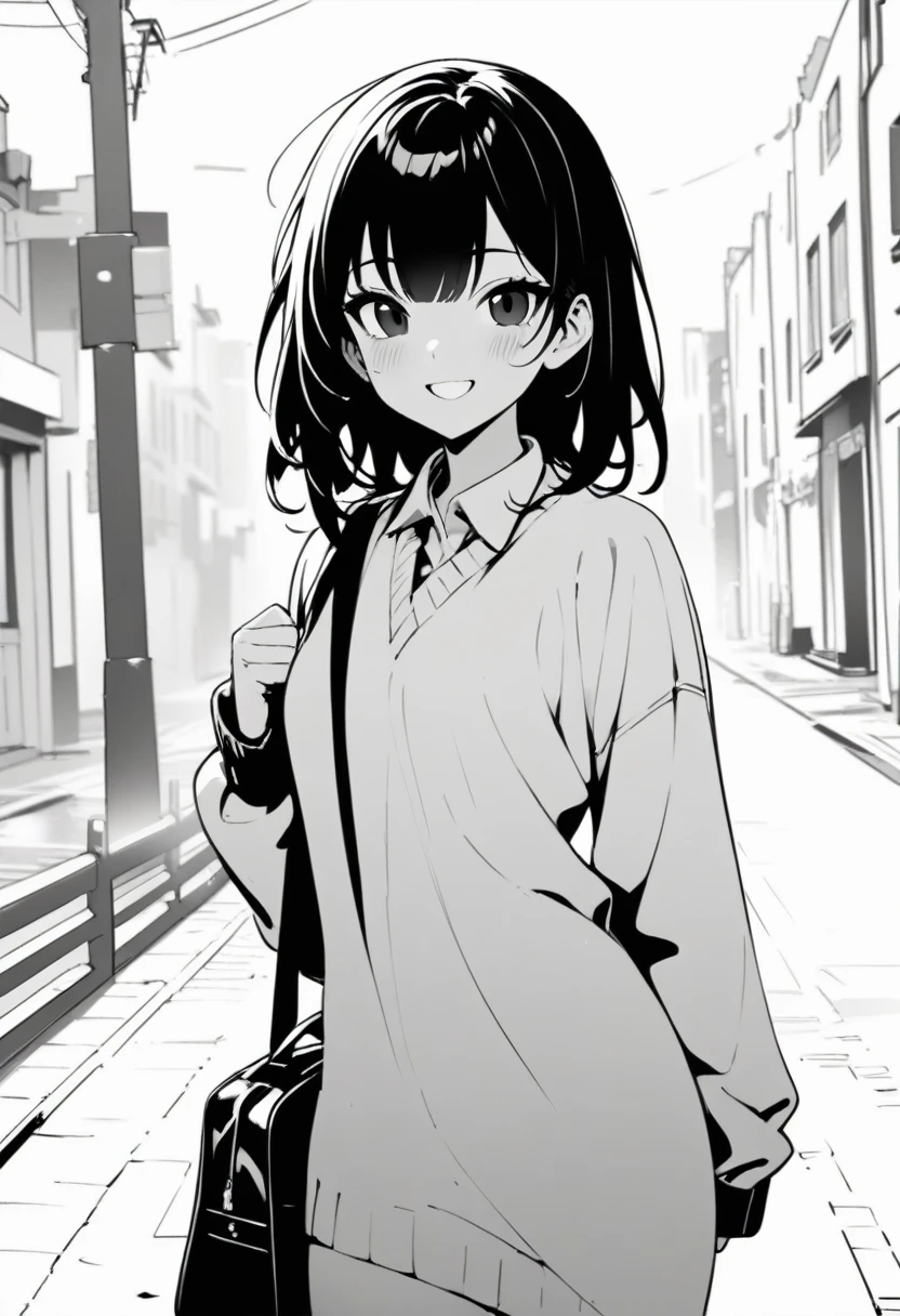 masterpiece, best quality 1girl, grayscale, black eyes, street, iced, black hair, schoolbag, smile, lineart, white background