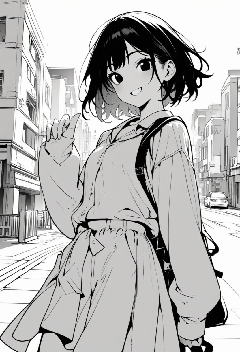masterpiece, best quality 1girl, grayscale, black eyes, street, iced, black hair, schoolbag, smile, lineart, white background