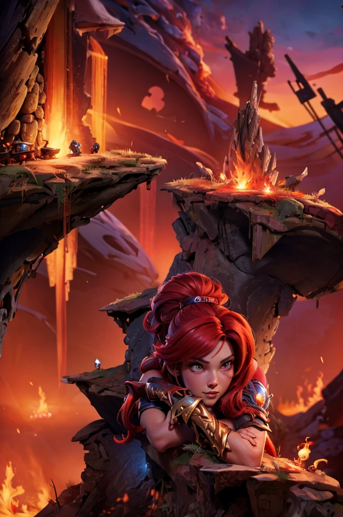 a close up of a woman with a sword and a fire in the background, alexstrasza, extremely detailed artgerm, miss fortune, brigitte from overwatch, katarina, miss fortune league of legends, brigitte, deviantart artstation cgscosiety, inspired by rossdraws, redhead queen in heavy red armor, wlop and rossdraws