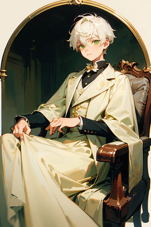 boy with white hair and yellowish green eyes, vestido con traje de la epoca victoriana
