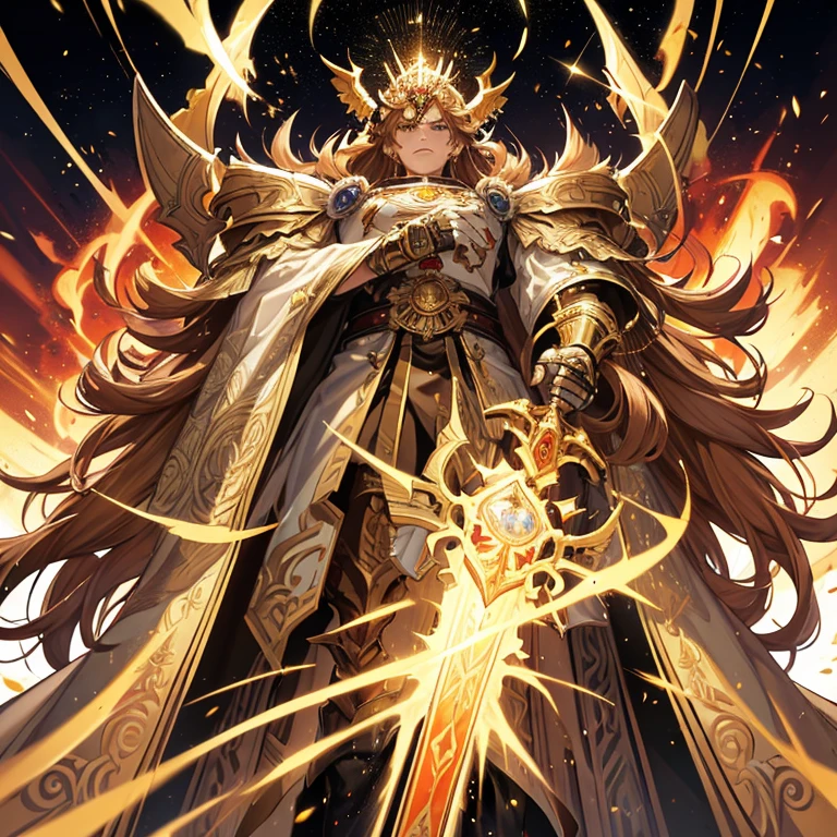 (Absurdres, best high quality)
1character, Warhammer 40.000 god emperor of Mankind, (bright golden skin ,long brown hair, sparkling green eyes), (giant bulky golden armor), (holding a huge fire sword with left hand), (upright right hand, closed fist) handsome king, handsome face, strong features, gentle smile, lovely king, heroic king, grey mountains background, Front shot