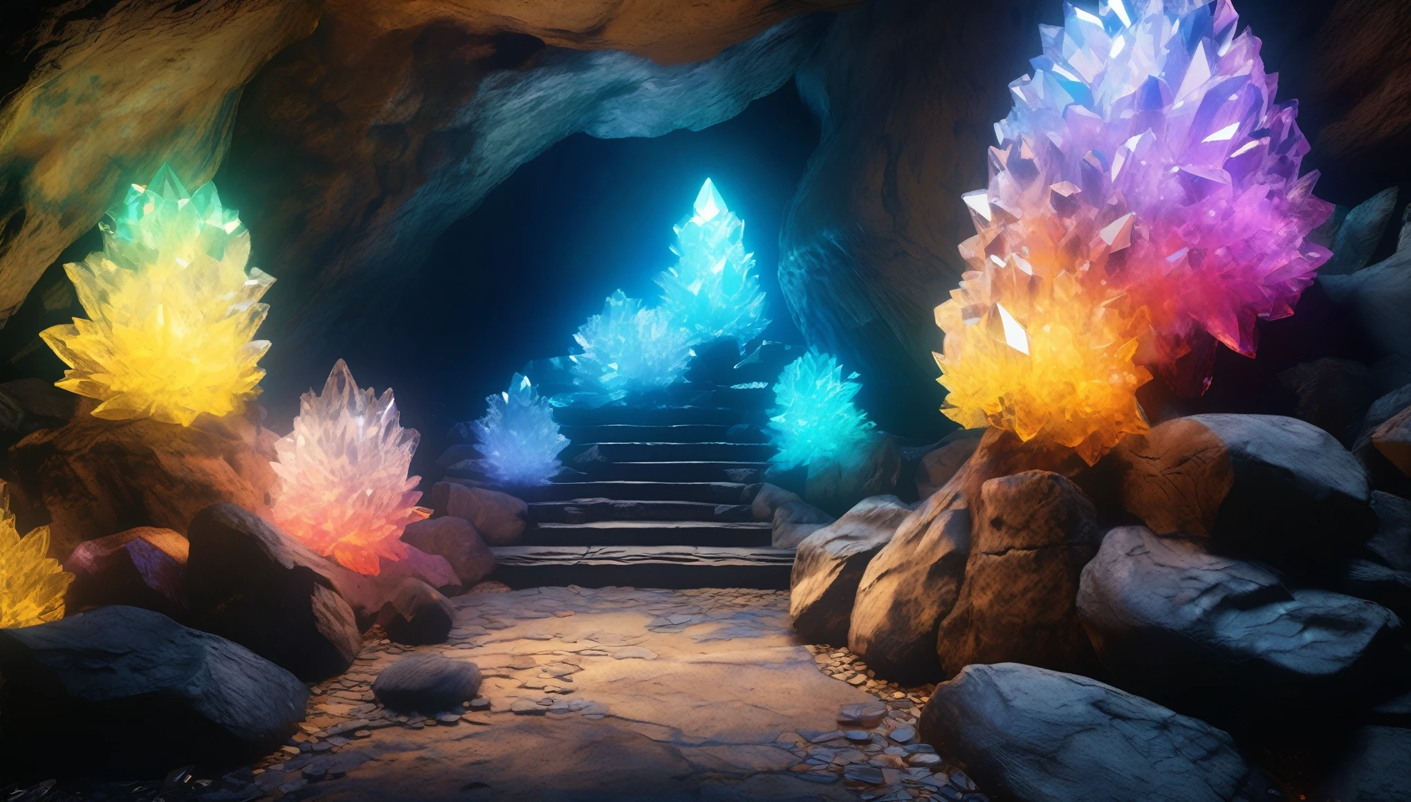 Masterpiece Portrait, Extreme details, Very detailed, 8K octane, HDR, Super detailed, best quality, best quality, Realistic lighting, Ultra Detailed,RPG scene,Underground Cave,Black and gray rock wall,Stone Wall,Game scene,Uneven rocky terrain,((Colorful crystal clusters:1.3)),[Glass material｜Low light transmittance]crystal,不平均分布的crystal