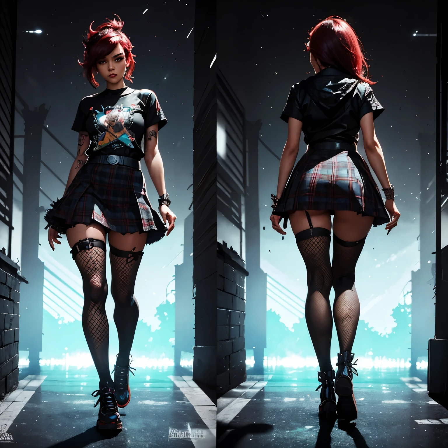 A front and back full body view of a female model in a punk-inspired outfit, designed in a Pixar style. The girl is depicted in a playful and vibrant manner, similar to the style shown in the reference image. She wears a Plaid skirt with a graphic tee, fishnet tights, and creepers. Her hair is styled in edgy punk manner, and she has a friendly and approachable expression. The front view shows her standing confidently, while the back view highlights the details of her outfit and hairstyle. The overall design is clean and colorful, capturing the endearing qualities typical of Pixar's character style. Highly detailed, 8k, smooth, sharp focus, trending on artstation, digital painting, by Stanley Artgerm Lau, WLOP, Rossdraws, James Jean, Andrei Riabovitchev, Marc Simonetti, and Sakimichan