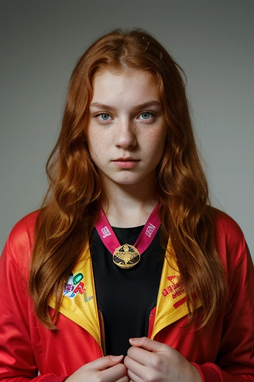 Russian girl, ginger hair, long hair, yellow eyes, holding flowers, fair skin, freckles, angry expression, teenage girl, figure skater, female figure skater, wearing a bright red jacket, wearing a gold olympic medal around her neck, ice rink background