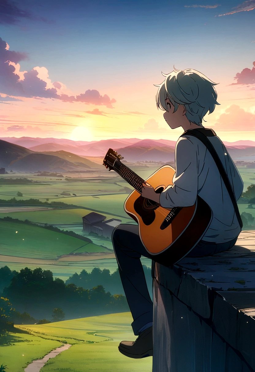 Anime boy sitting on a ledge playing a guitar at sunset, with a farm in the background contrasted against the natural landscape, Anime Art Wallpaper 8K, Anime Art Wallpaper 4K, Anime Art Wallpaper 4K, Estilo anime 4K, 4k anime wallpapers, 4k anime wallpapers, 4k anime wallpapers, Wallpapers manga 4K wallpapers, Makoto Shinkai Cirilo Rolando, the girl plays the guitar, menino lofi