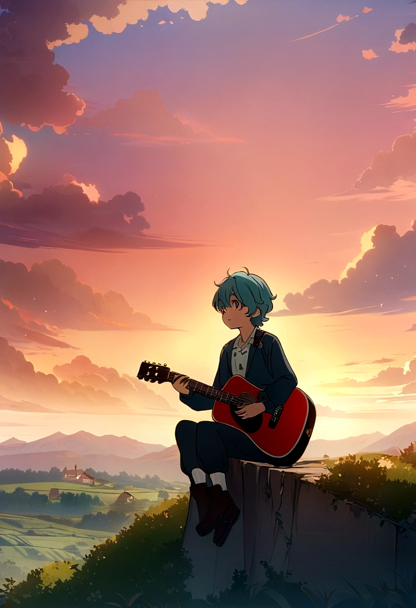 Anime boy sitting on a ledge playing a guitar at sunset, with a farm in the background contrasted against the natural landscape, Anime Art Wallpaper 8K, Anime Art Wallpaper 4K, Anime Art Wallpaper 4K, Estilo anime 4K, 4k anime wallpapers, 4k anime wallpapers, 4k anime wallpapers, Wallpapers manga 4K wallpapers, Makoto Shinkai Cirilo Rolando, the girl plays the guitar, menino lofi