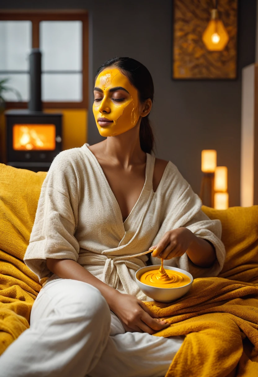 a women Relaxing with the turmeric and yogurt mask, cozy living room background. Photography, illustration, 3d render, ultra hd detail, sharpen details, painting, Digital painting, Cinematic, Hyper-detailed, insane details, Beautifully color graded, Unreal Engine, DOF, Super-Resolution, Megapixel, Cinematic Lightning, Anti-Aliasing, FKAA, TXAA, RTX, SSAO, Post Processing, Post Production, Tone Mapping, CGI, VFX, SFX, Insanely detailed and intricate, Hyper maximalist, Hyper realistic, Volumetric, Photorealistic, ultra photoreal, ultra-detailed, intricate details, 8K, Super detailed, Full color, Volumetric lightning, HDR, Realistic, Unreal Engine, 16K, Sharp focus, —v testp