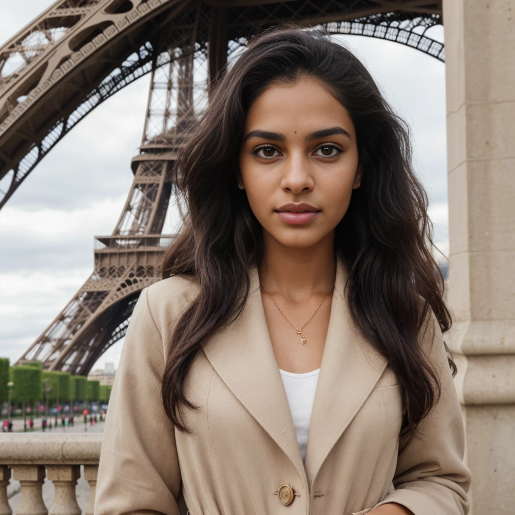 Young Indian mixed race Malagasy woman, shy, charming, long black hair, slightly curly, beautiful eyes, pretty natural eyebrows, 22 years old, oval and natural face, innocent, average height body with immense curve extremely beautiful and perfectly fitted, size 1, 85m, well dressed, elegant coat, student. Photo taken in Paris with the Eiffel Tower in the background, A masterpiece, the highest resolution, quality, detail, very focused, professional image, ultra realistic, without filter, photorealism, photography, 8K UHD, photography