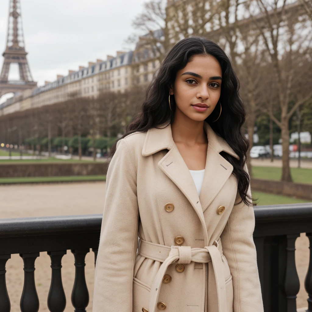 Young Indian mixed race Malagasy woman, shy, charming, long black hair, slightly curly, beautiful eyes, pretty natural eyebrows, 22 years old, oval and natural face, innocent, average height body with immense curve extremely beautiful and perfectly fitted, size 1, 85m, well dressed, elegant coat, student. Photo taken in Paris with the Eiffel Tower in the background, A masterpiece, the highest resolution, quality, detail, very focused, professional image, ultra realistic, without filter, photorealism, photography, 8K UHD, photography