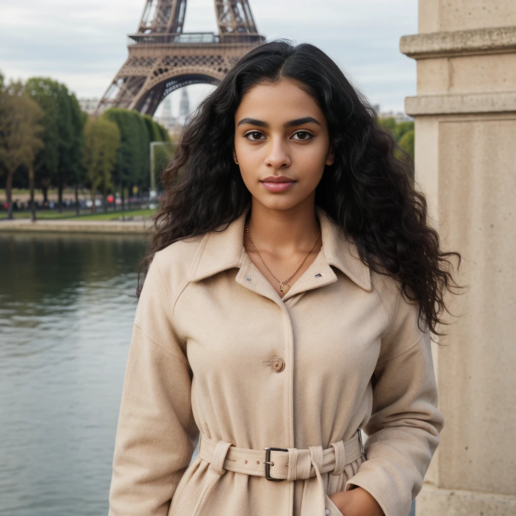 Young Indian mixed race Malagasy woman, shy, charming, long black hair, slightly curly, beautiful eyes, pretty natural eyebrows, 22 years old, oval and natural face, innocent, average height body with immense curve extremely beautiful and perfectly fitted, size 1, 85m, well dressed, elegant coat, student. Photo taken in Paris with the Eiffel Tower in the background, A masterpiece, the highest resolution, quality, detail, very focused, professional image, ultra realistic, without filter, photorealism, photography, 8K UHD, photography