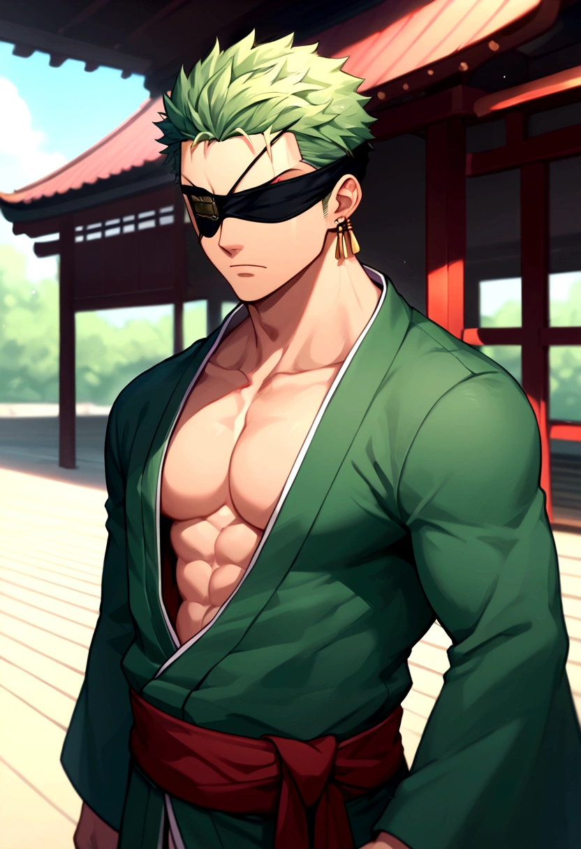 score_9, score_8_up, score_7_up, source_anime, solo, male focus, 1boy, roronoazoro, scar across eye, expressionless, looking at viewer, standing, japanese clothes, green kimono, open kimono, pectorals, wide sleeves, red sash, single earring, outdoors, (blindfold, covered eyes, eye patch)