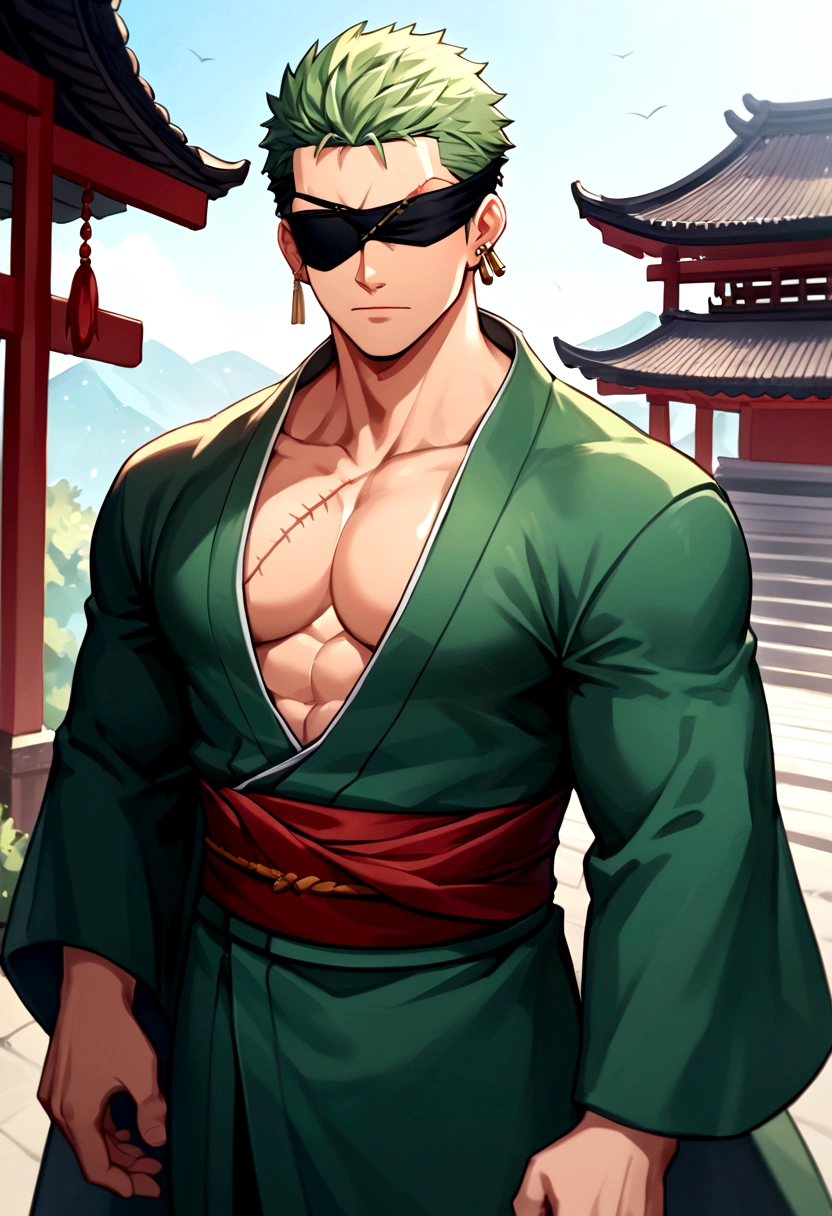 score_9, score_8_up, score_7_up, source_anime, solo, male focus, 1boy, roronoazoro, scar across eye, expressionless, looking at viewer, standing, japanese clothes, green kimono, open kimono, pectorals, wide sleeves, red sash, single earring, outdoors, (blindfold, covered eyes, eye patch)