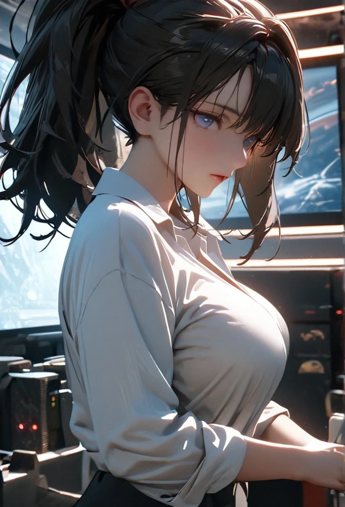 (solo), black hair, messy hair, mane hair, short hair, dense hair, wild hair, expressive hair, mature,(25 year old), pale skin, blue eyes, ((Female)), beatiful girl, wearing a white shirt, open shirt, long white pants, serious, beautiful, attractive, large breast, big ass, eye reflection, depth of field, thunder aura, cinematic lighting, ray tracing, depth of field, cinematic lighting, ray tracing, UHD, high details, best quality, highres, high quality, award winning, super detail, masterpiece, 8k, UHD, high details, best quality, highres, high quality, award winning, super detail, masterpiece, 8k, digital art, anime coloring, body shot, good face, perfect face, detailed face, good eyes. Space and planets background